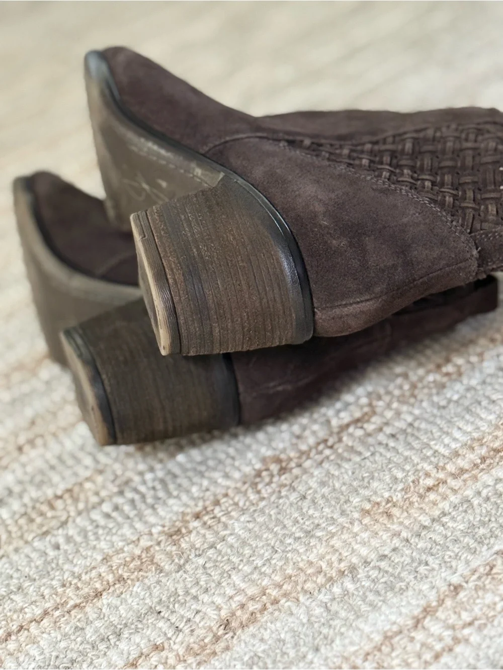Joie Chocolate Brown Suede Ankle Booties Woven Detail Block Heel Zip Size 8.5